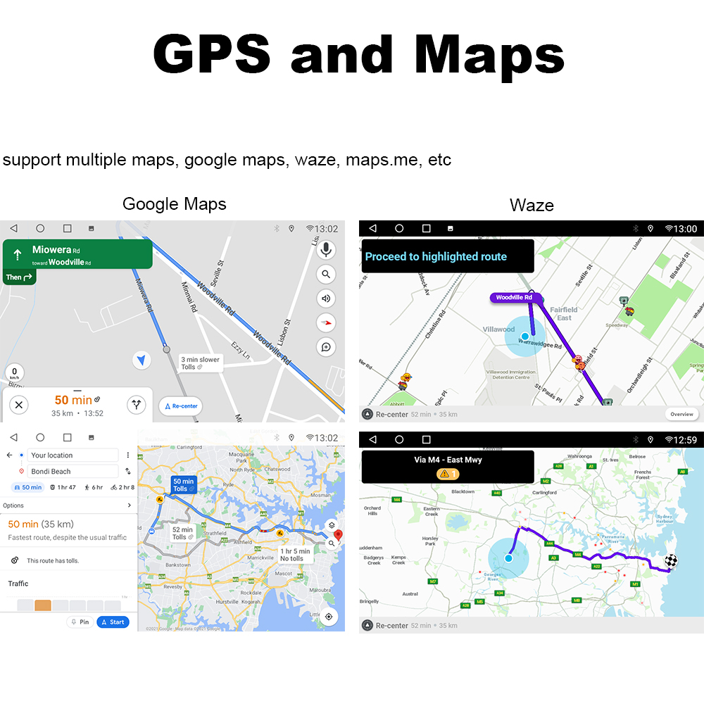 Hilux head unit with GPS and Maps interface displaying support for multiple map applications including Google Maps and Waze. The top left shows Google Maps with a navigation route from Miowera Rd to Woodville Rd. The bottom left highlights a Google Maps route from a user's location to Bondi Beach, indicating a 50-minute drive. The top right features Waze with a highlighted route along Woodville Rd. The bottom right shows a Waze route via M4 - East Mwy, marked with traffic and hazard icons.